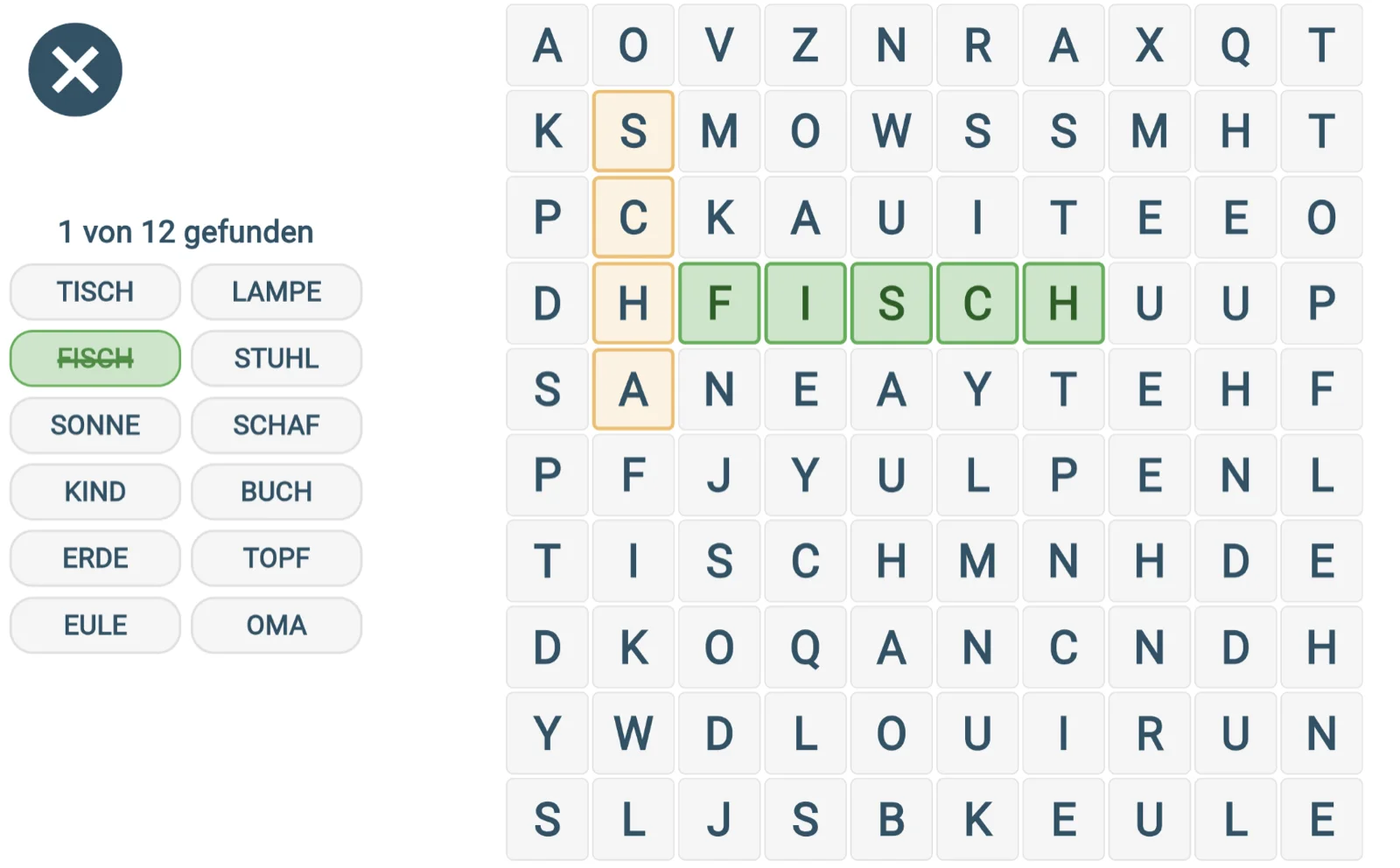 Screenshot: Wortsuche-Spiel auf der Telemarie