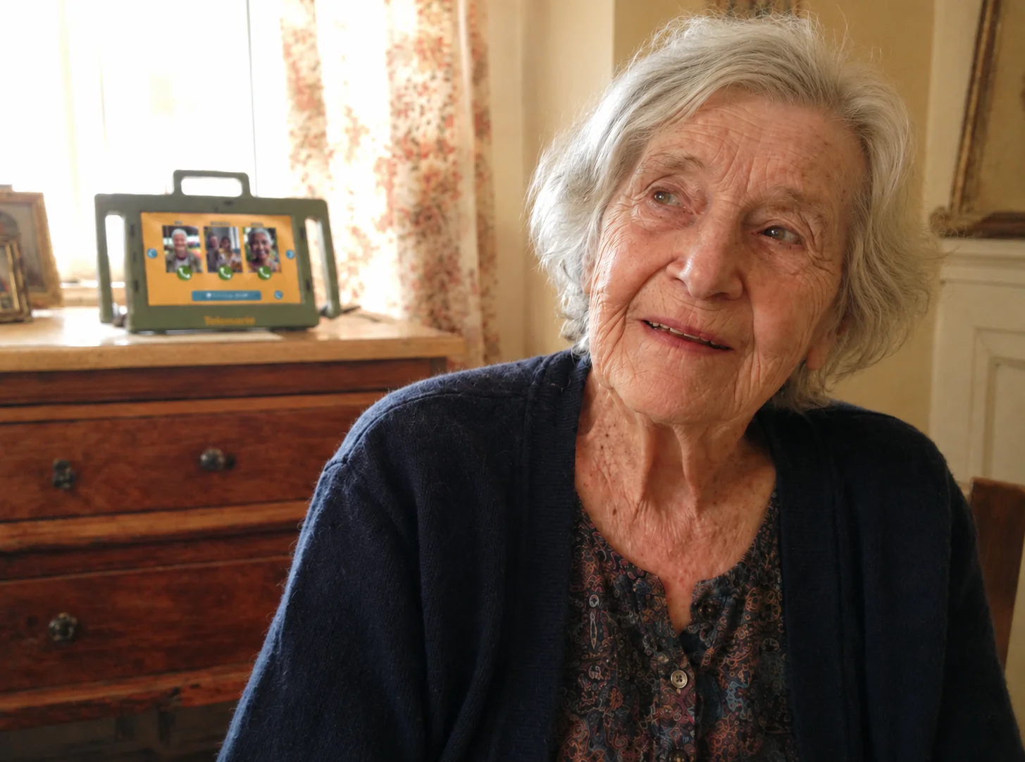 Seniorin im Wohnzimmer mit Telemarie und großen Kontaktbildern im Hintergrund
