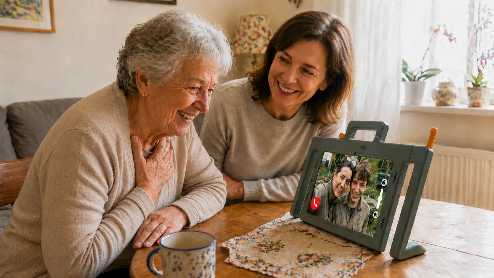 Seniorin mit Tochter und Telemarie am Tisch