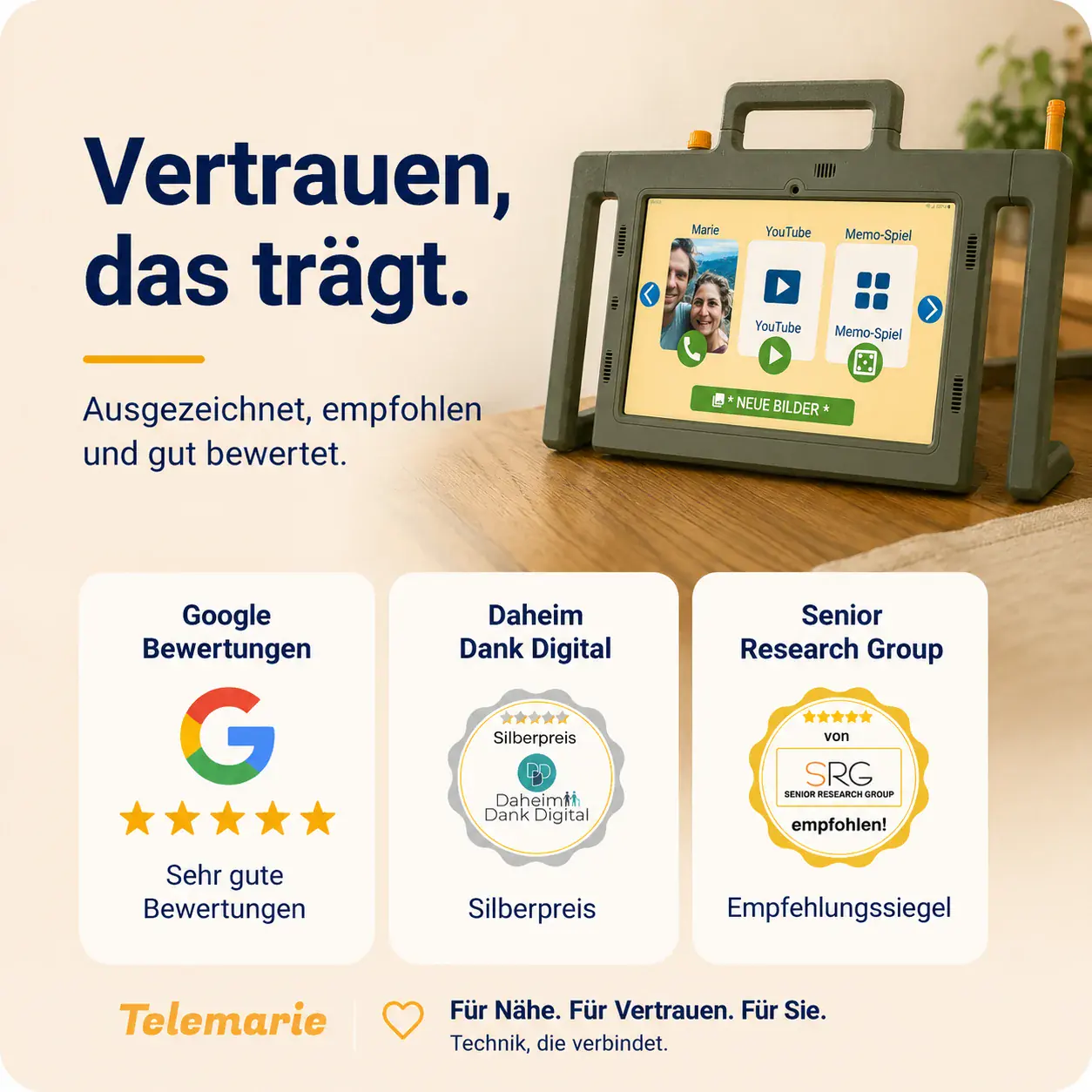 Slidekarte zu Vertrauen und Bewertungen rund um Telemarie.