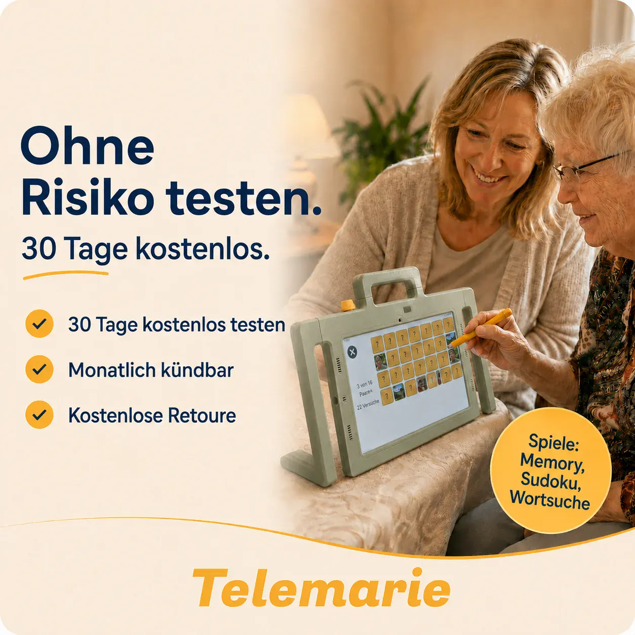 Slidekarte zur risikofreien Testzeit und kostenlosen Retoure mit Telemarie.