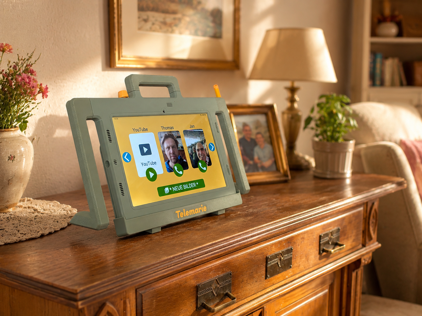 Telemarie Tablet mit großen Kontaktbildern auf einer Kommode